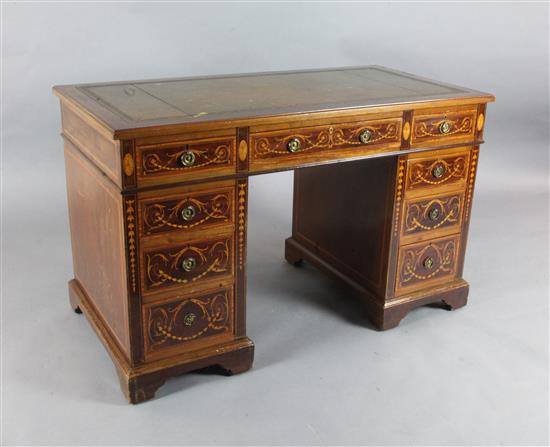 A late Victorian mahogany and marquetry pedestal writing desk, W.4ft